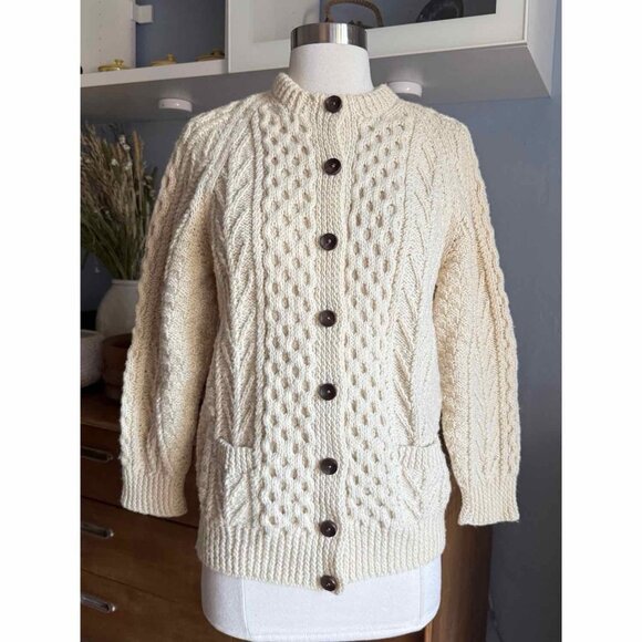Vintage Irish Saimer Fisherman Cable Knit Wool Cardigan Sweater Hand knit Sz S - Picture 1 of 7